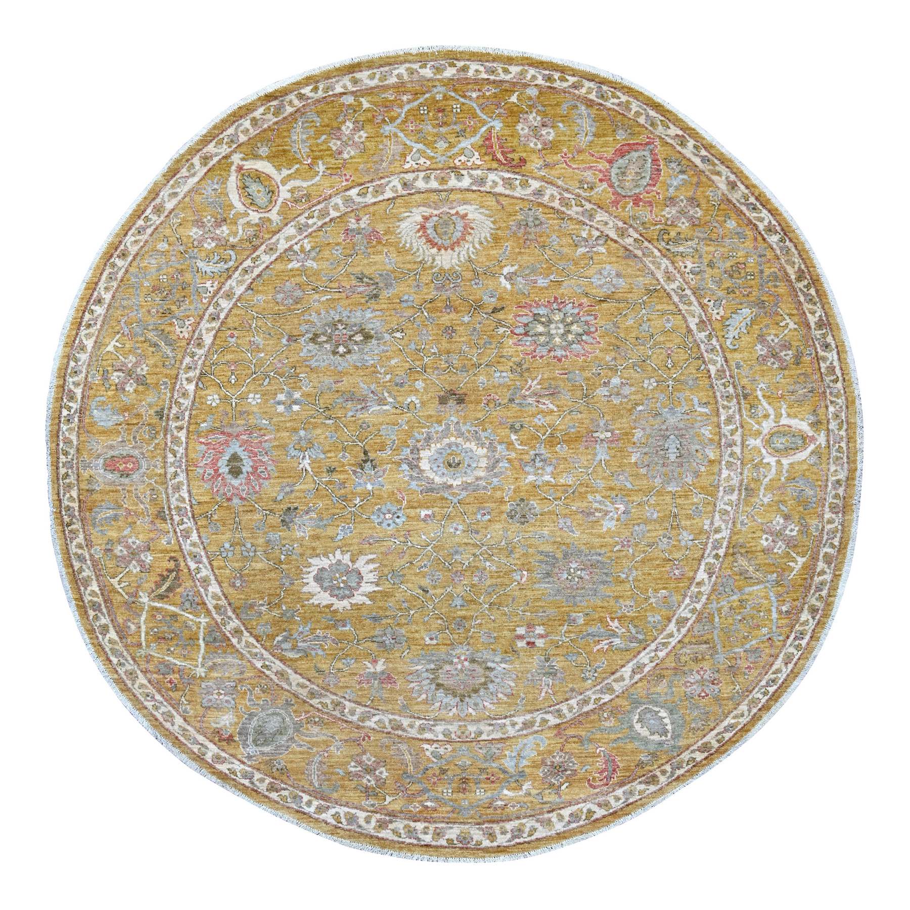 8'x8' Golden Brown, Peshawar with Ziegler Mahal Design, High Mountain Wool, Denser Weave, Hand Knotted, Round, Oriental Rug 